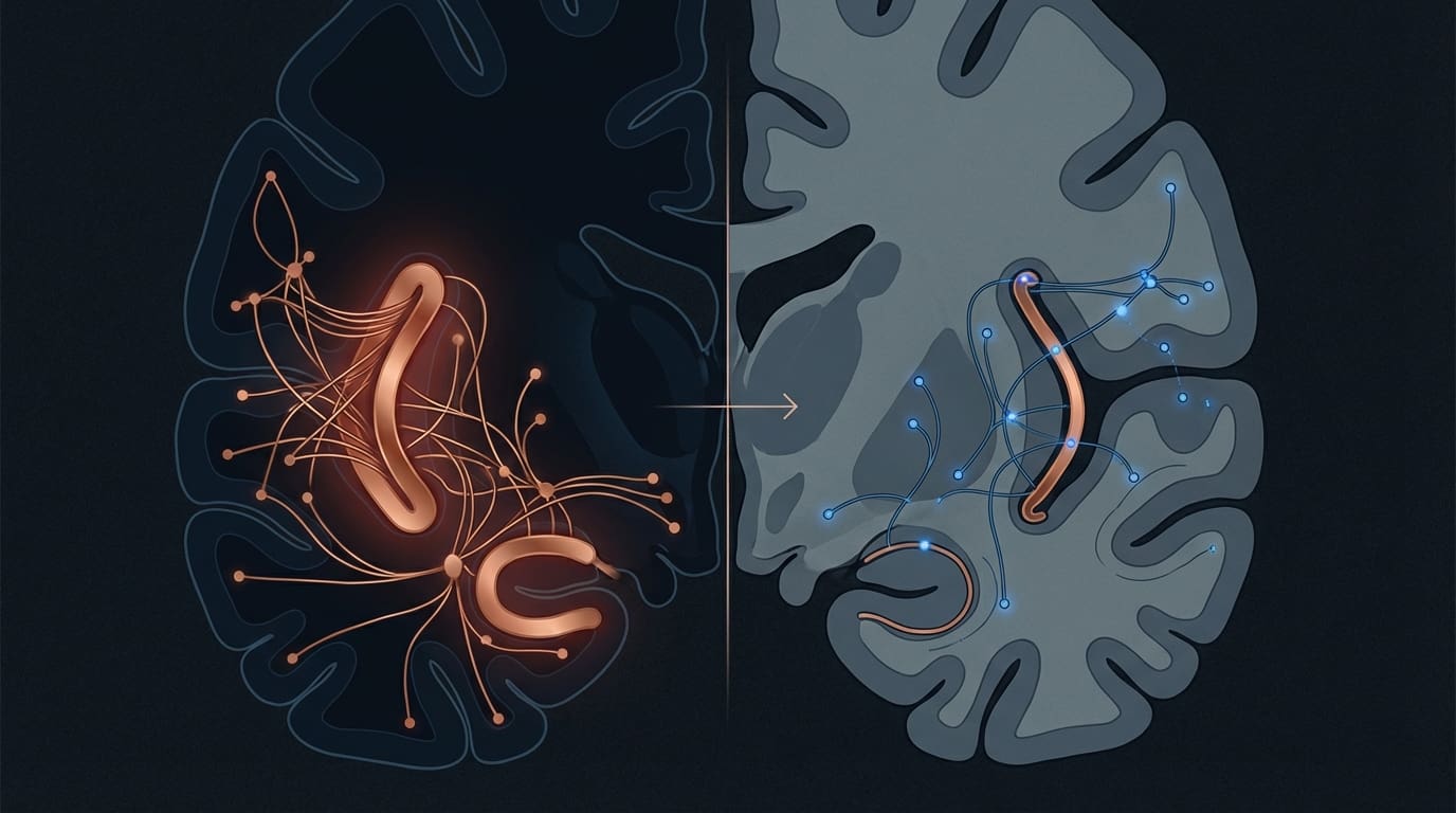 Comparative copper brain sections showing normal versus reduced insular cortex