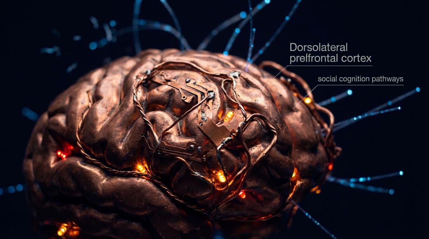 Copper dorsolateral prefrontal cortex with irregular firing and scattered blue pathways