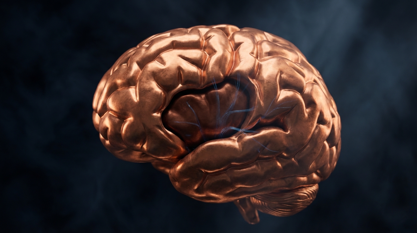 Copper brain architecture showing thinned insular cortex with dimmed blue empathy pathways