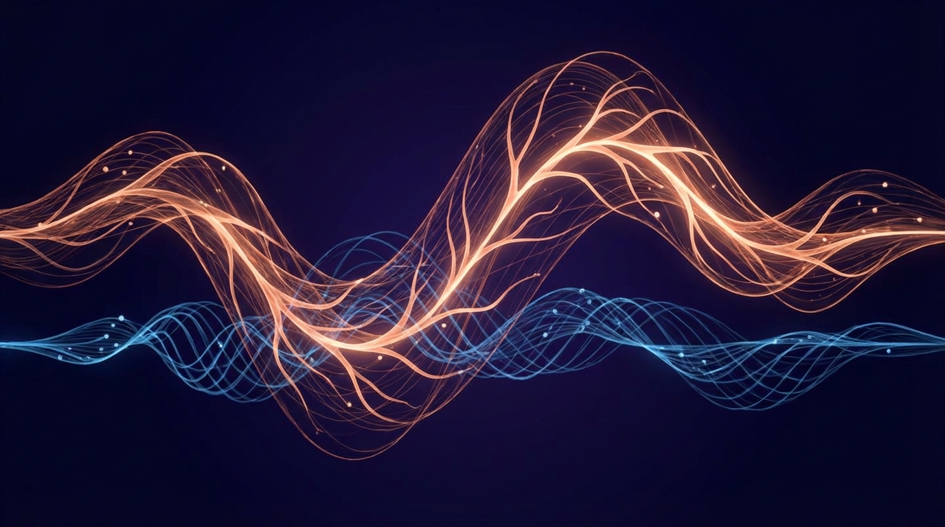 Interlocking copper and blue wave patterns showing neurotransmitter disruption