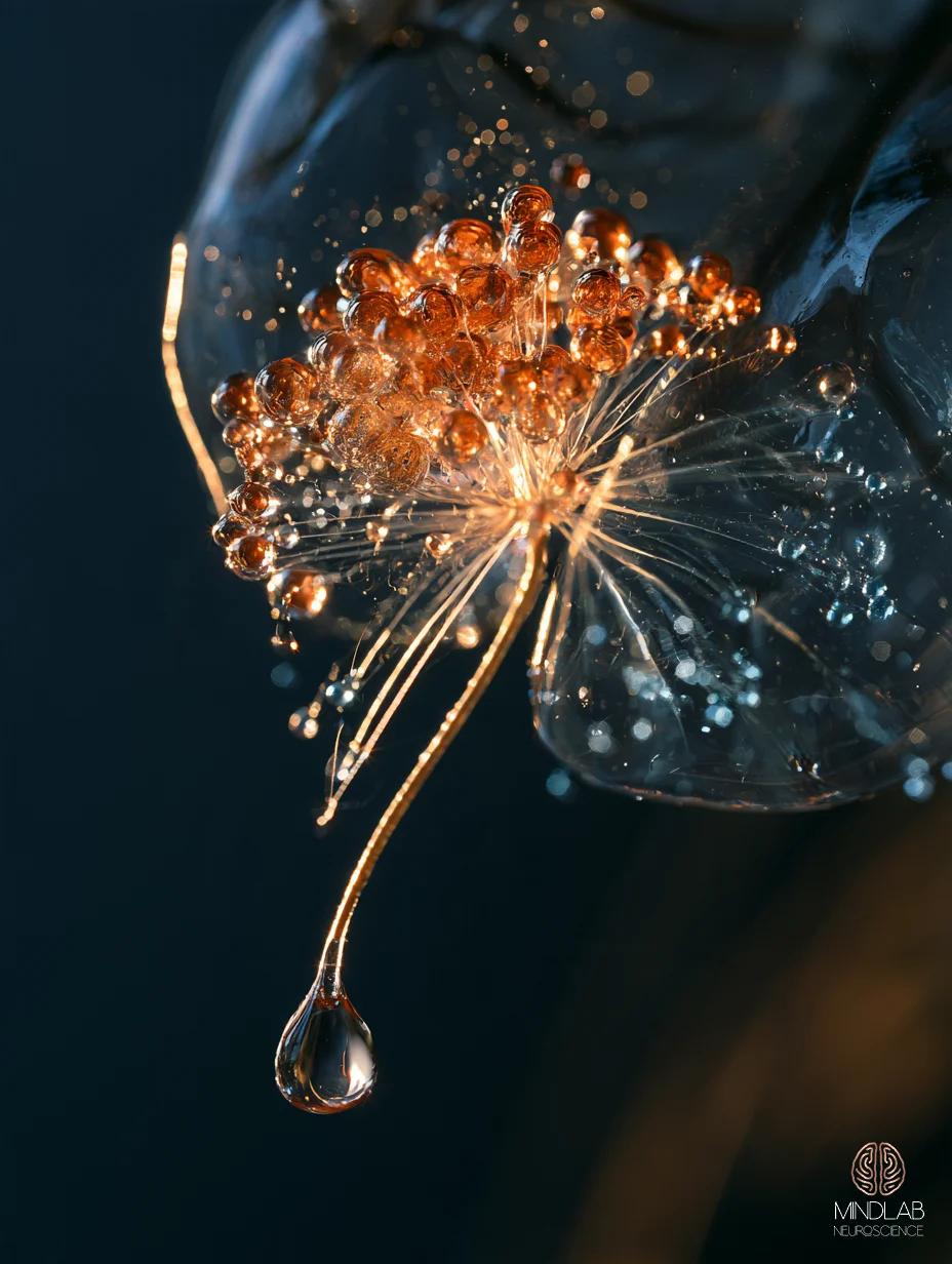 Macro of a copper bead cluster on fine glowing threads inside a clear glass form, one thread ending in a single drop