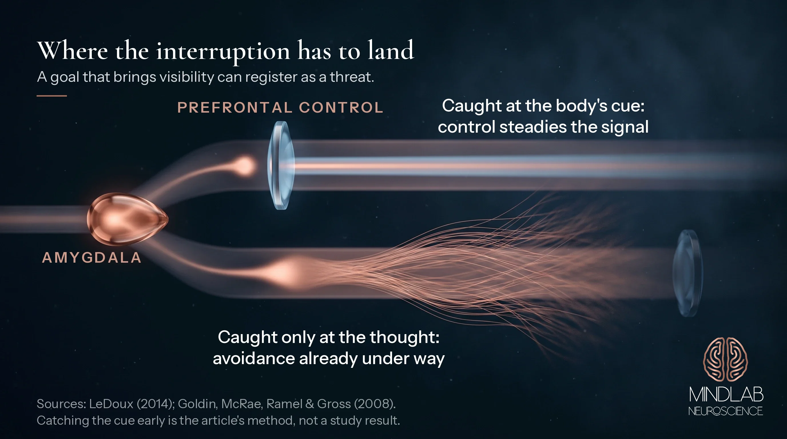 Illustration: caught at the body's cue, control steadies the signal; caught only at the thought, it fans into avoidance.