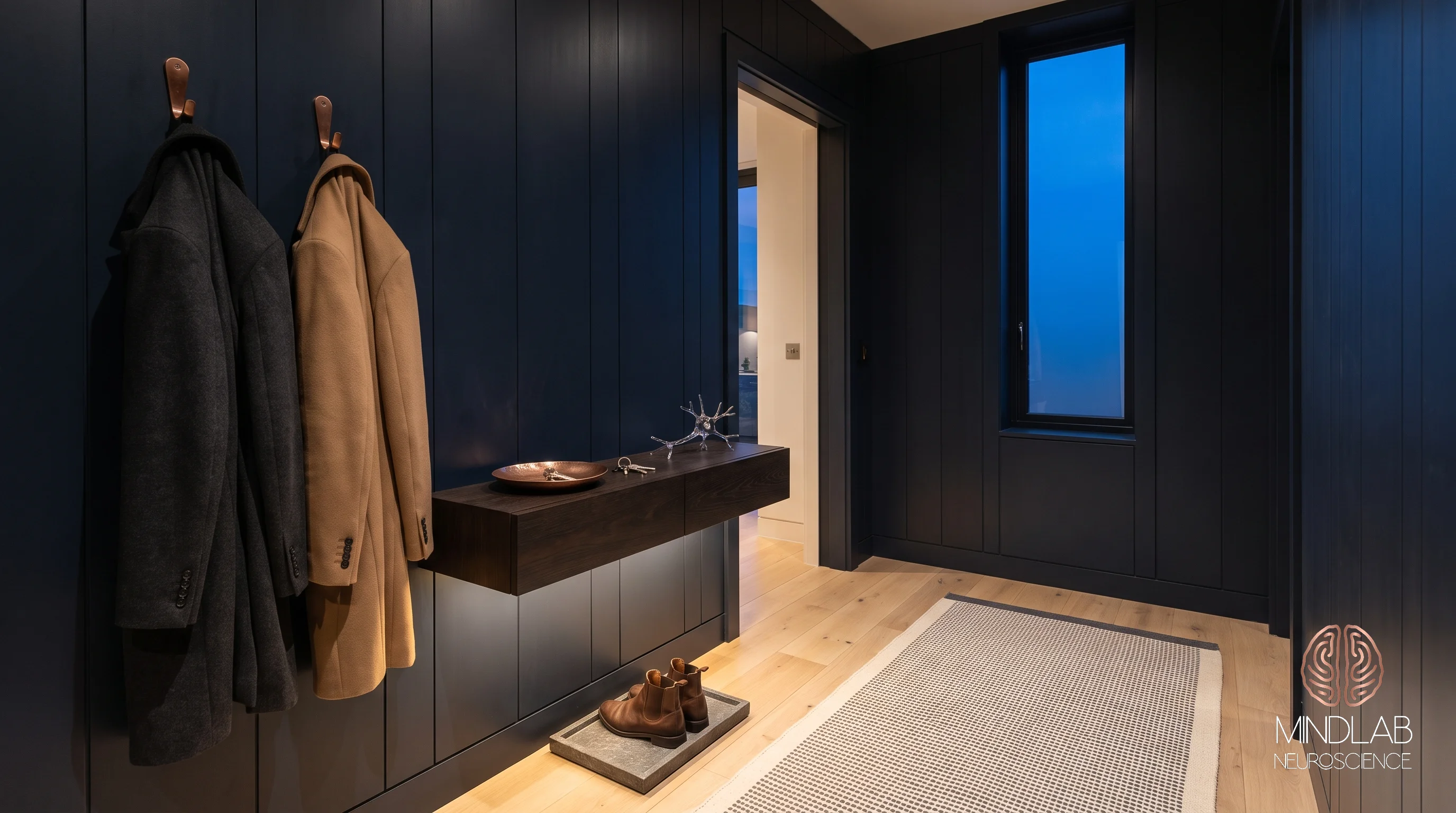 Two wool coats hang side by side on copper hooks in a navy-paneled entry hall at dusk, keys beside a copper dish