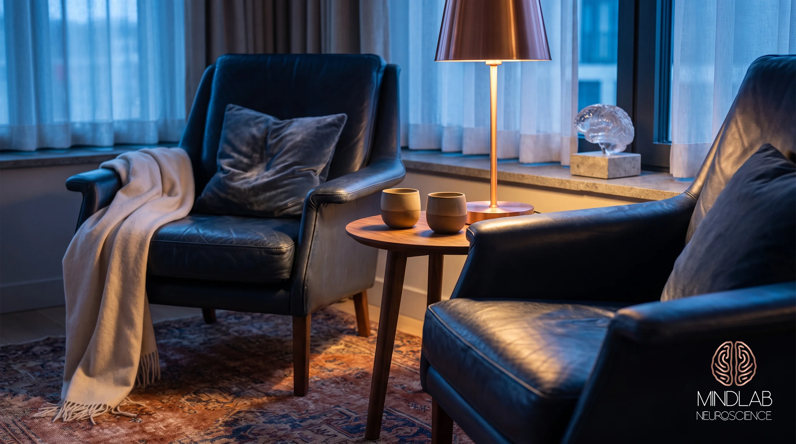 Two navy leather armchairs drawn close at blue hour, two cups set down beside a copper lamp and a crystal brain sculpture.