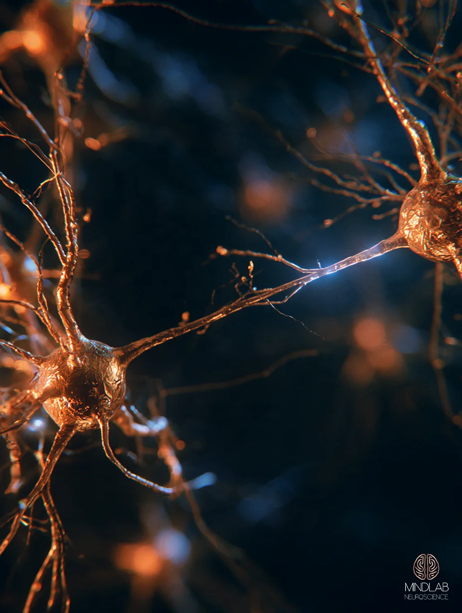 Close-up of two copper neurons joined by one glowing branch in deep navy, a connection that grows stronger with repetition.