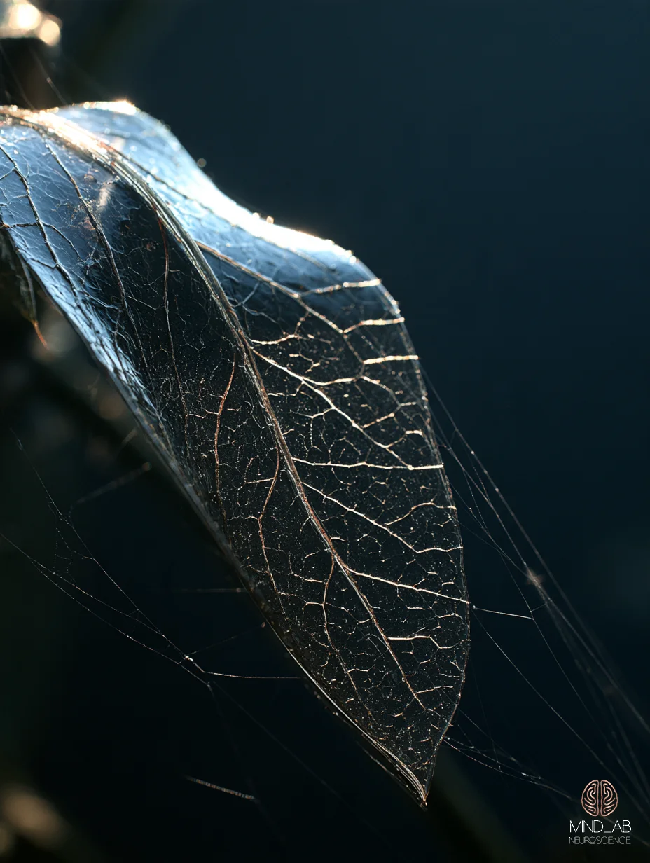 Macro of a dark translucent leaf with fine copper veins, backlit against deep navy, thin threads trailing from its edge