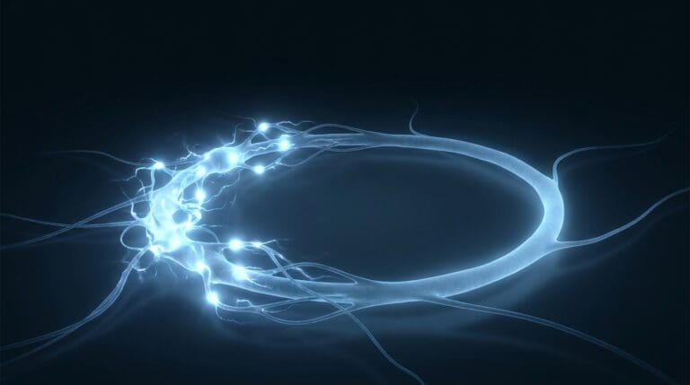 Addiction and reward architecture, rendered as a reward loop calming from overdrive to balance in soft blue on navy.