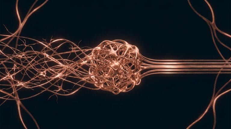 Adhd and executive function, rendered as a control hub ordering scattered streams in copper on navy.