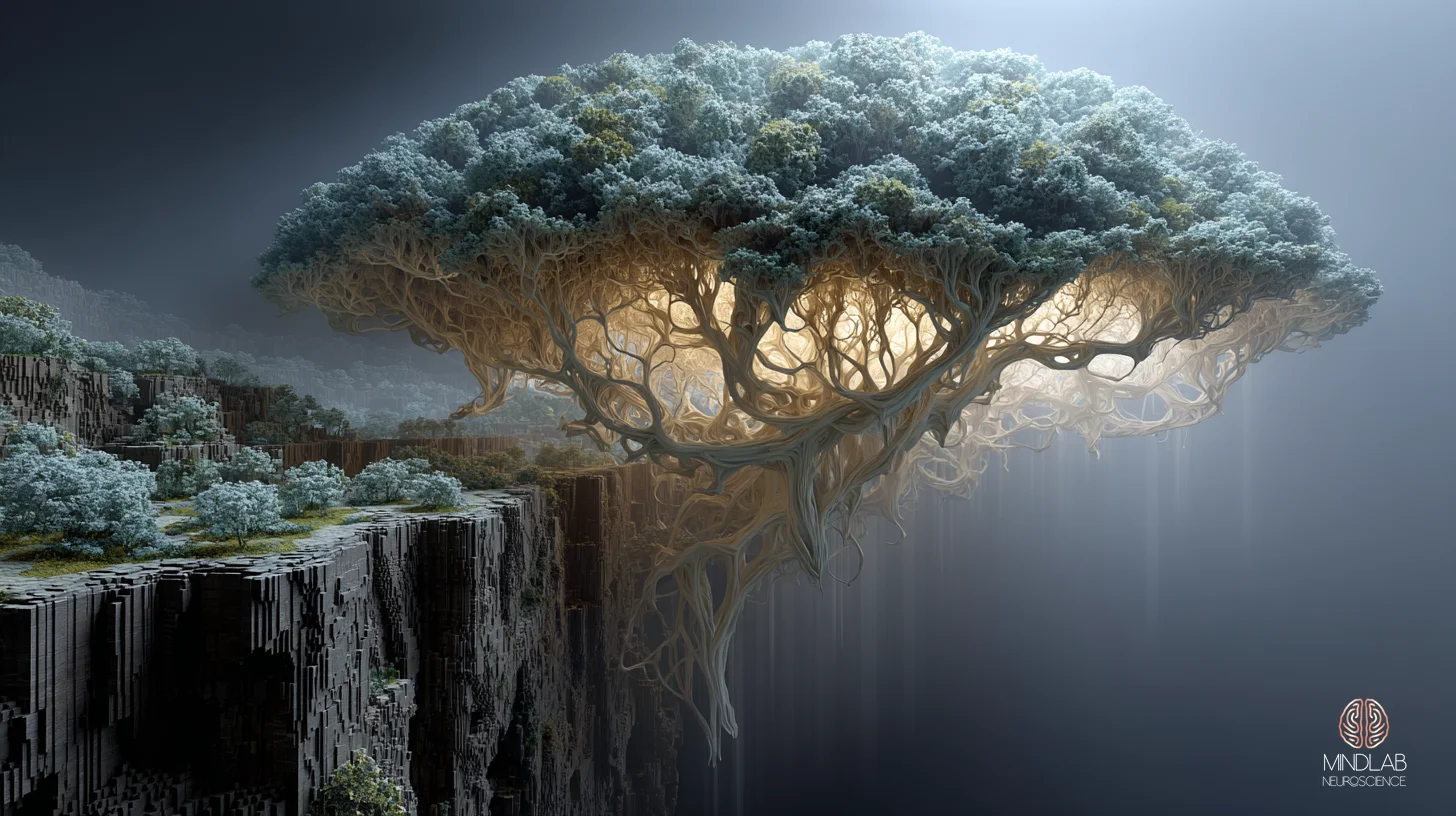 Macroscale scientific visualization of the dorsolateral prefrontal cortex rendered as a vast root-like architecture in muted sage metallic filaments, suspended in deep navy fog. The image depicts the analytic substrate that high performers recruit to substitute cognitive labeling for direct emotional perception – visible here as foundational neural architecture, not in crisis but in equilibrium. Slot 5 of the alexithymia article closing on the moment when cognitive compensation reaches its structural limit. – Dr. Sydney Ceruto, MindLAB Neuroscience.