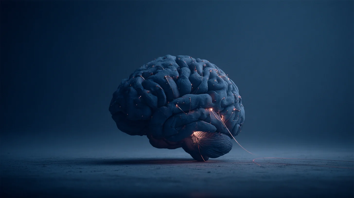 A sculptural brain on deep navy lit with copper signals, the amygdala firing one quiet alarm, the brain's threat scanner