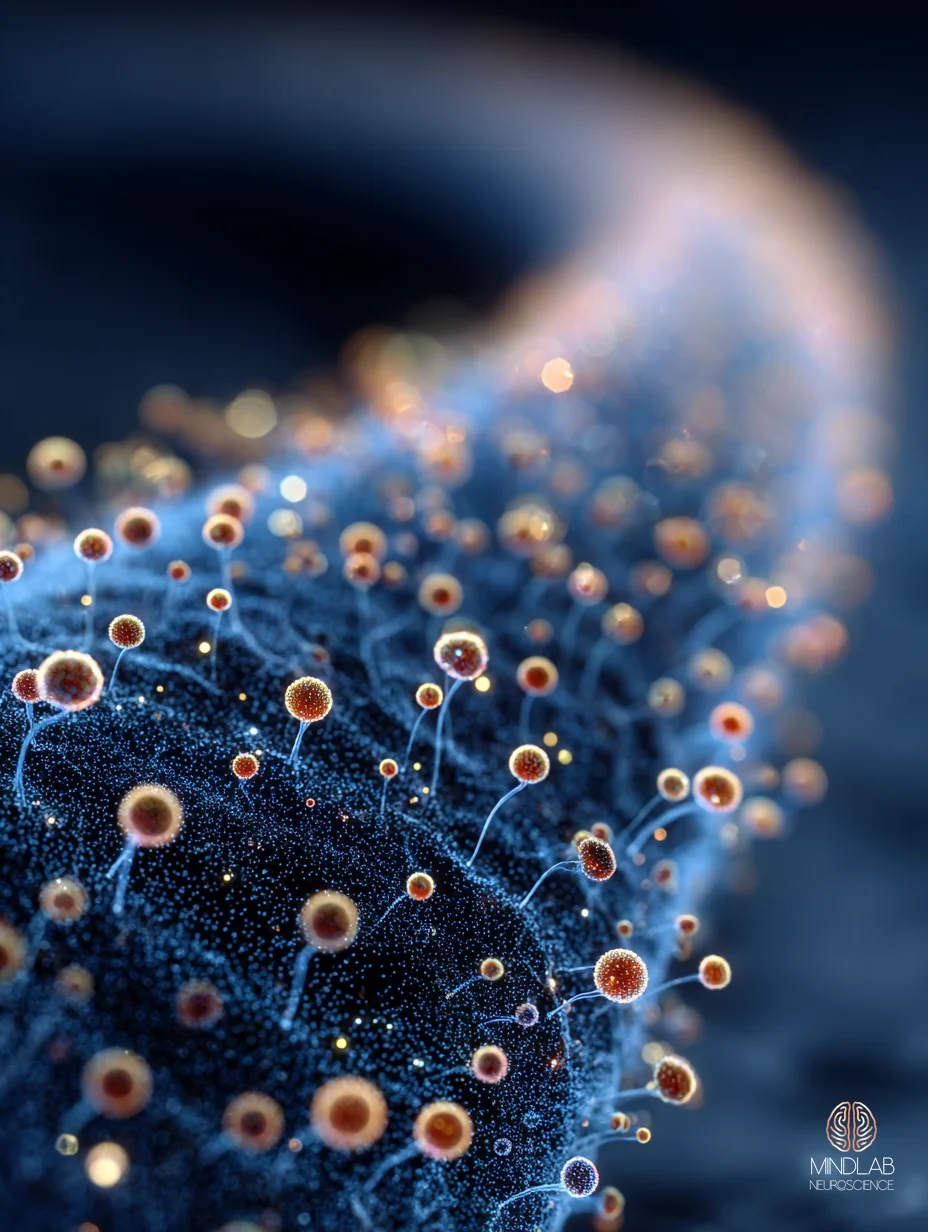 Macro field of dopamine receptor nodes rimmed in copper across a luminous blue neural surface on deep navy – Dr. Sydney Ceruto, MindLAB Neuroscience.