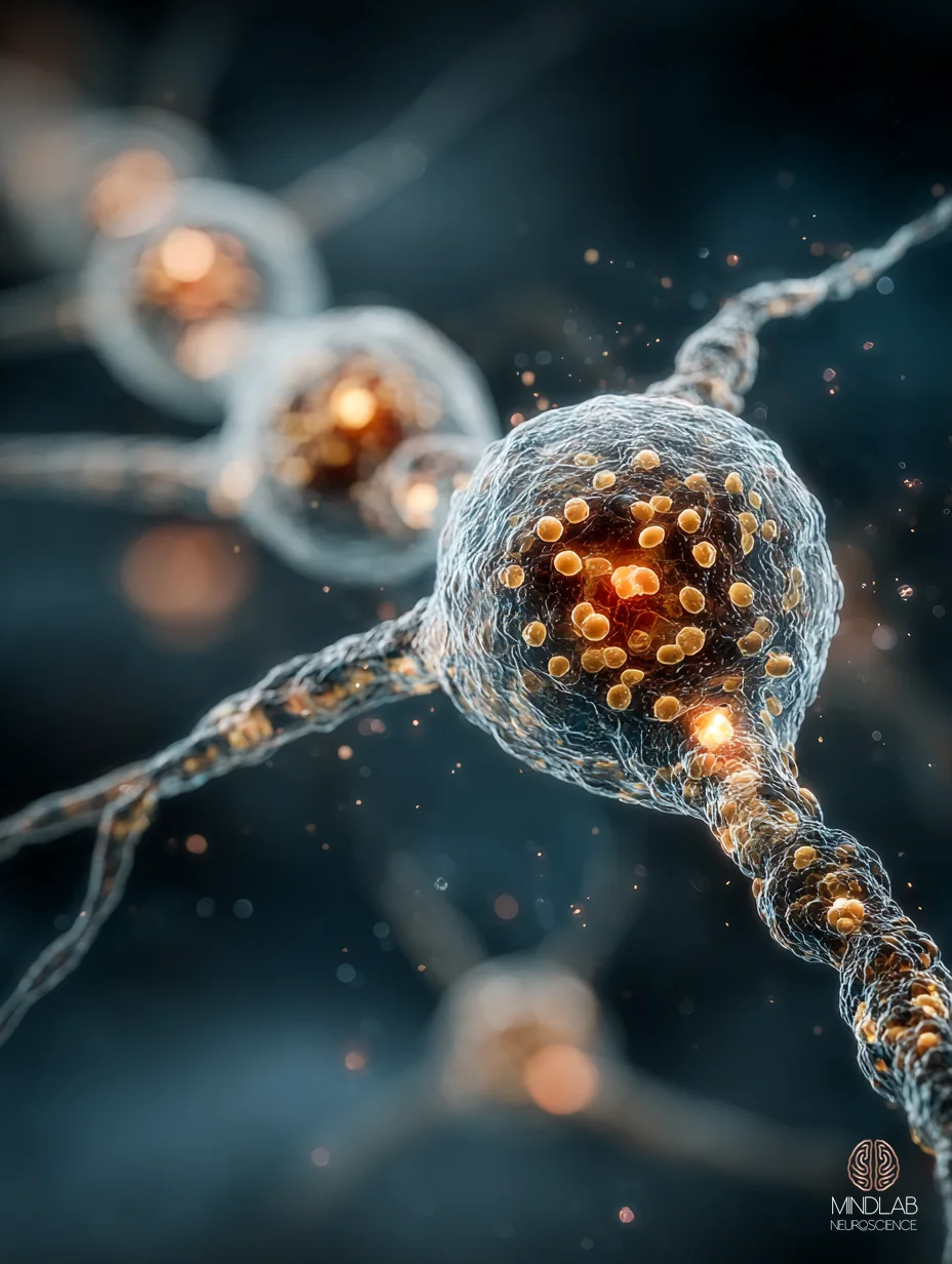 Close detail of a synaptic terminal dense with copper neurotransmitter vesicles inside translucent membranes on deep navy – Dr. Sydney Ceruto, MindLAB Neuroscience.