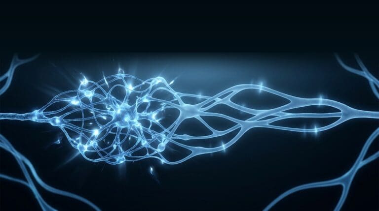 Anxiety and threat calibration, rendered as a threat network settling from hypervigilant to calm in soft blue on navy.
