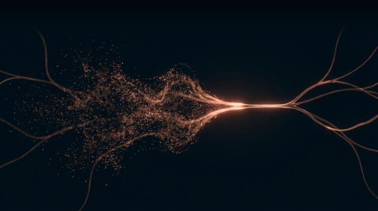 Attention and focus, rendered as one focus beam resolving from scattered motes in copper on navy.