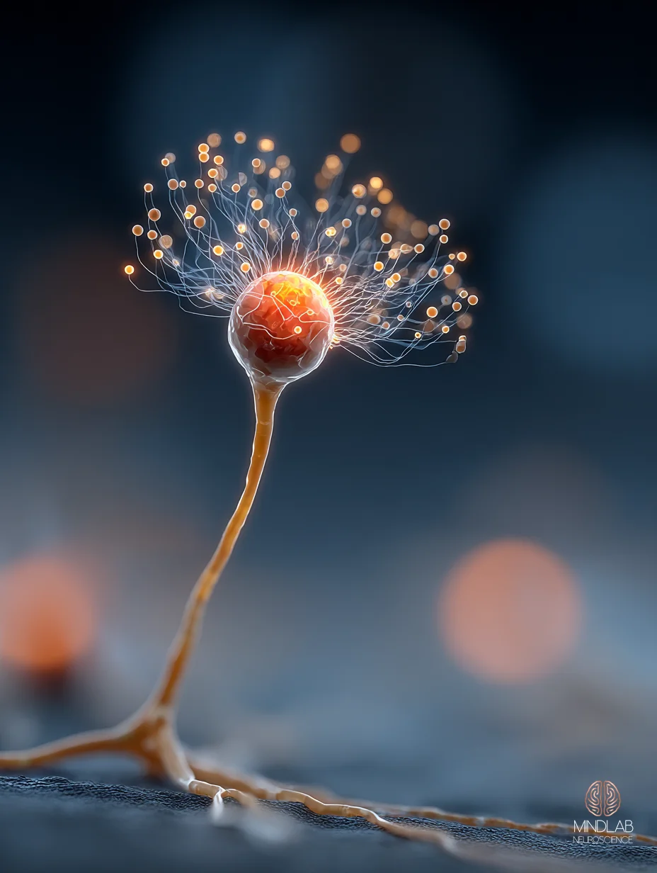 A single neuron sprouting fresh copper-lit dendrites from its soma, bioluminescent growth tips on deep navy – Dr. Sydney Ceruto, MindLAB Neuroscience.