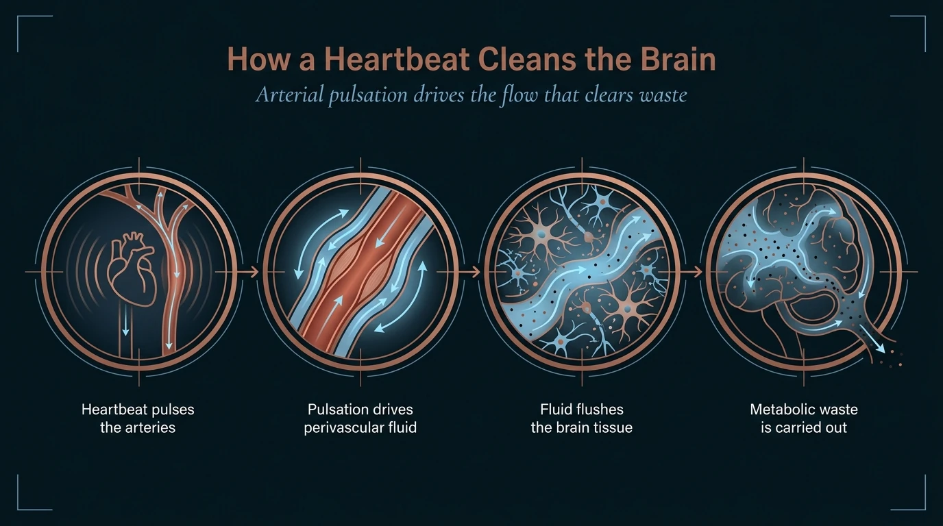 Navy diagram of how a heartbeat pulses the arteries to drive the perivascular fluid flow that clears waste from the brain.