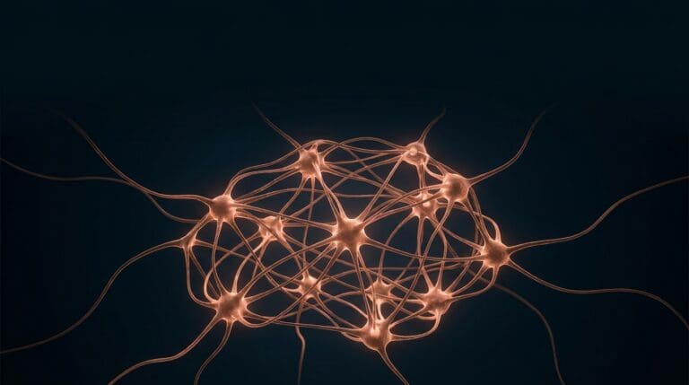 Brain health optimization, rendered as a thriving densely connected neural network in copper on navy.