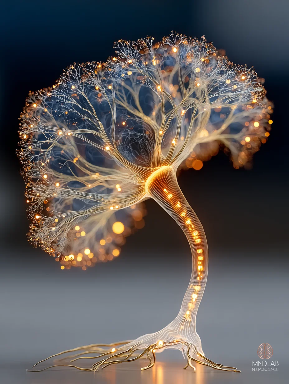 A cerebellar Purkinje cell's branching dendritic tree rendered in copper and blue light on deep navy – Dr. Sydney Ceruto, MindLAB Neuroscience.