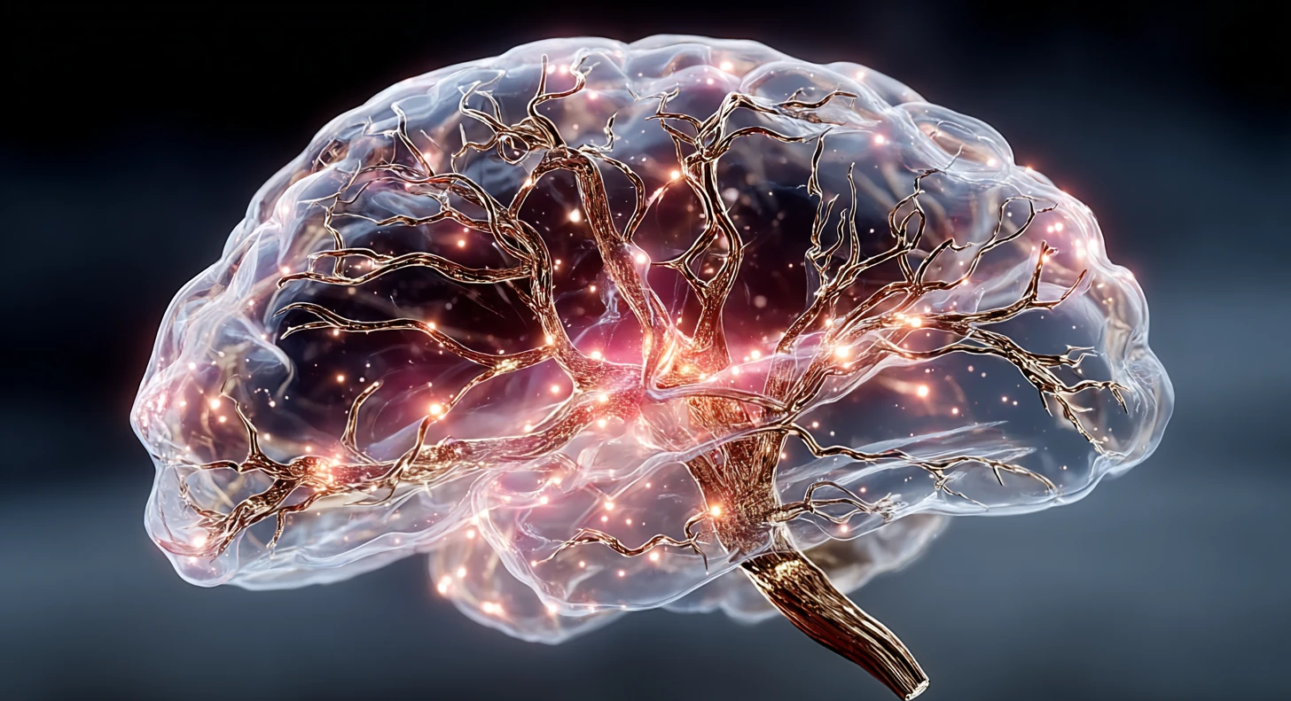 Translucent brain on deep navy threaded with glowing copper cerebral blood vessels carrying perfusion into the active regions.