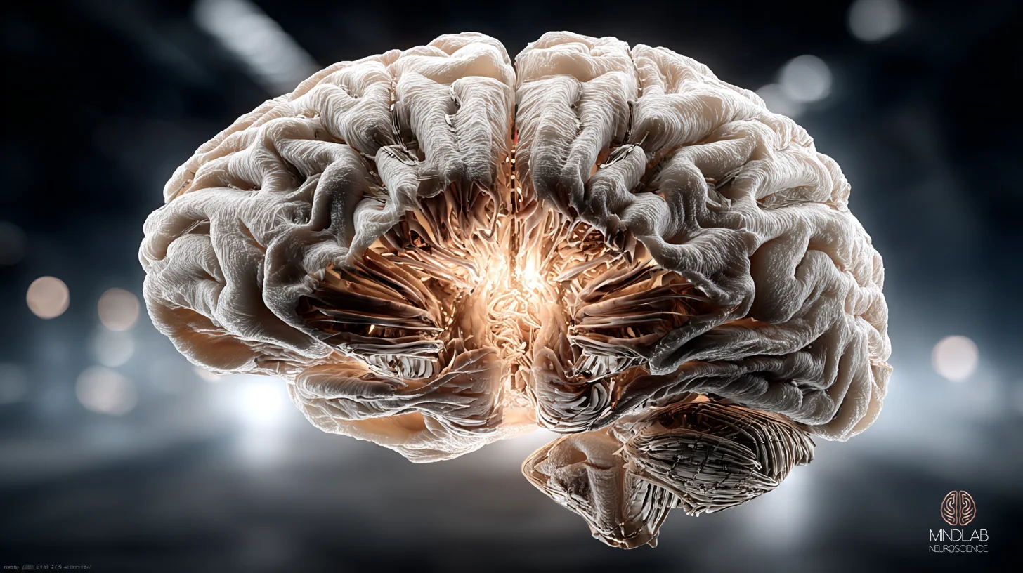 Macro view of the posterior cingulate cortex in deep navy with copper neural filaments – Dr. Sydney Ceruto, MindLAB Neuroscience.