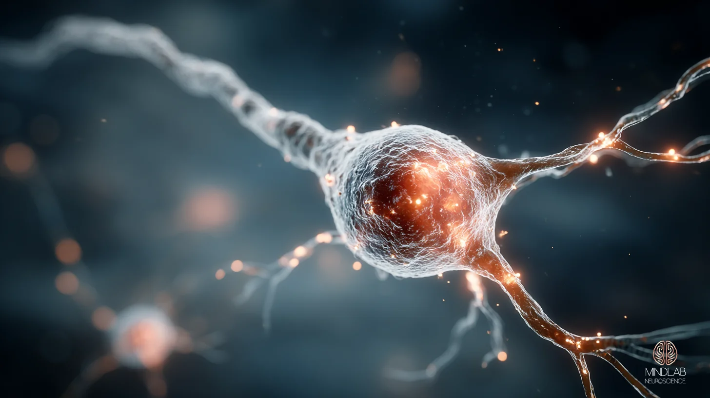Atmospheric scientific imagery of a midbrain dopaminergic neuron with luminous copper filaments – Dr. Sydney Ceruto, MindLAB Neuroscience.