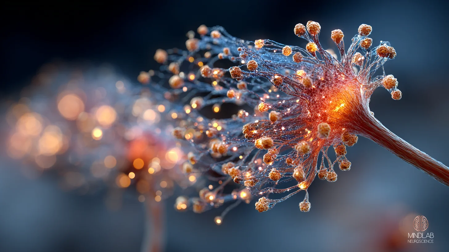 Wide-field scientific visualization of striatal tissue threaded by a diffuse copper dopaminergic axonal arbor, fine varicose terminals dispersed across the neuropil to suggest volume neurotransmission of the brain&rsquo;s real-time learning signal – Dr. Sydney Ceruto, MindLAB Neuroscience.