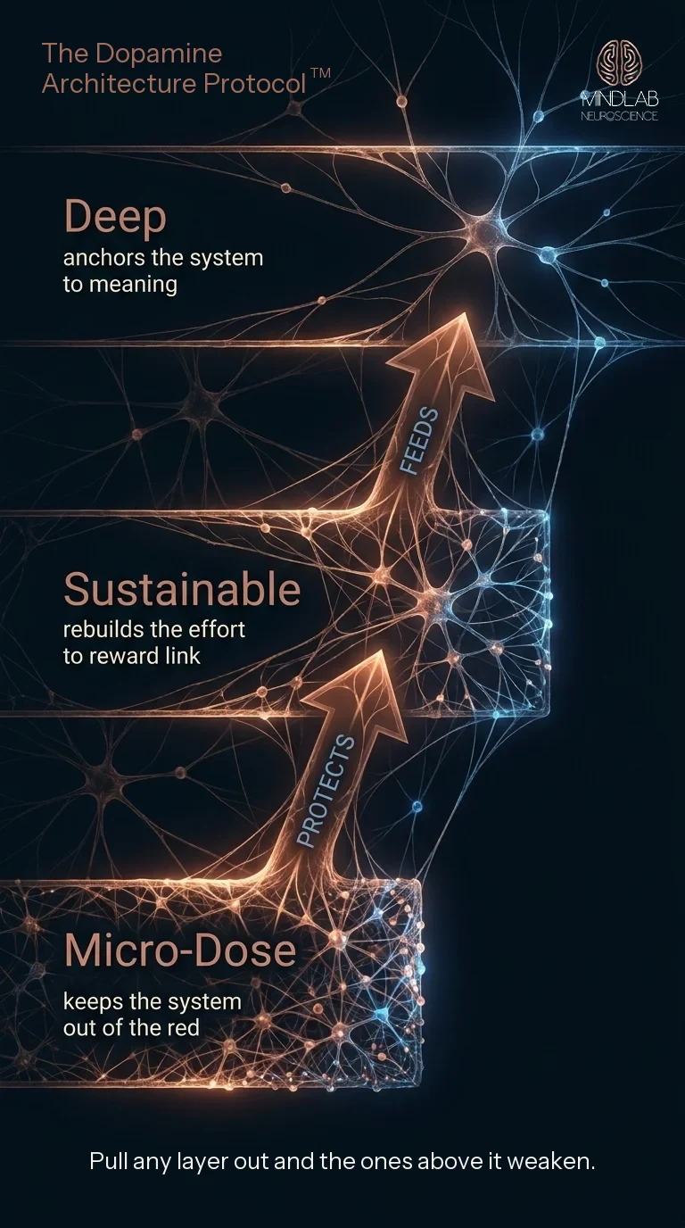 Infographic of the three layer reward architecture, Micro Dose, Sustainable, and Deep, with load paths between the layers.