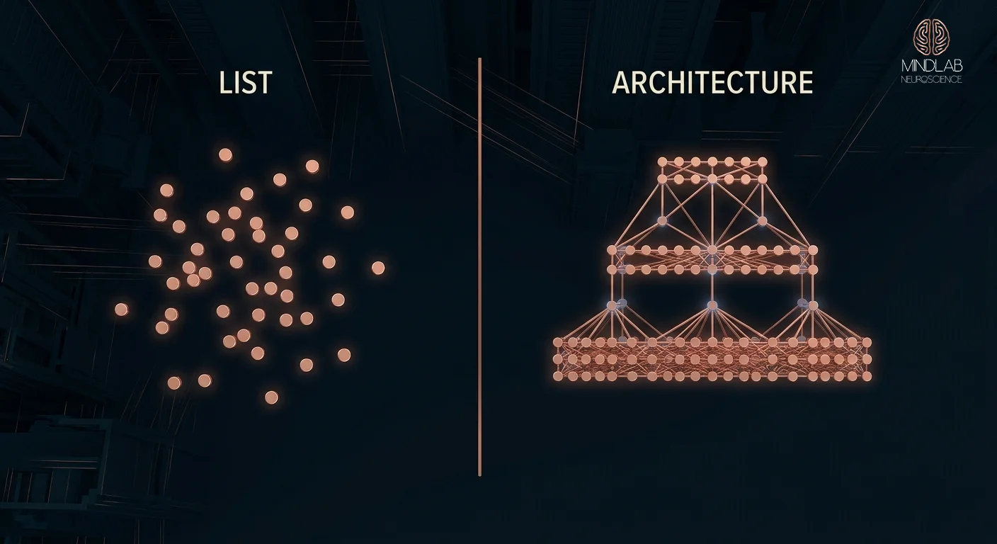Diagram contrasting a scattered dopamine menu list against a connected three layer reward architecture in copper on navy.