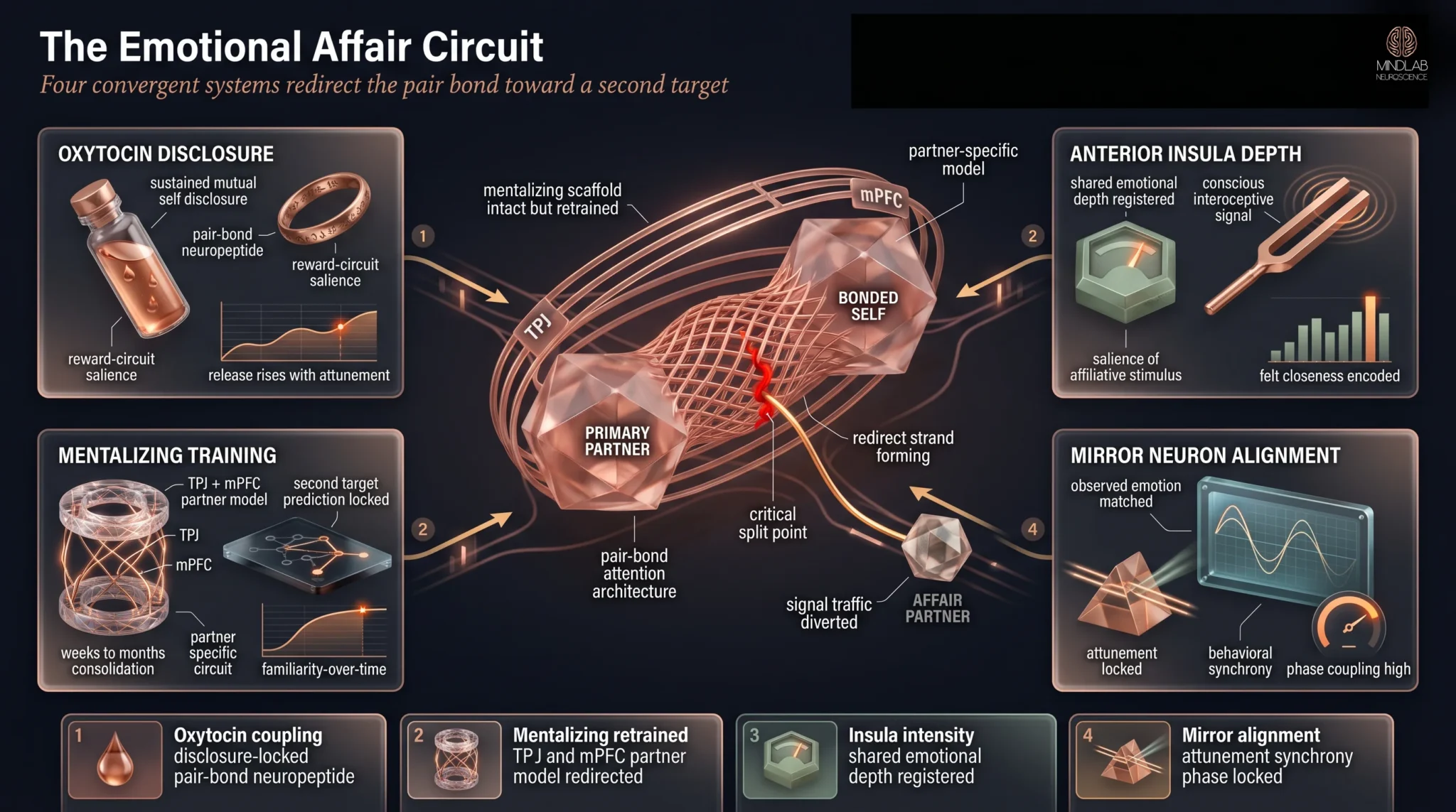 Emotional affair circuit map — oxytocin, mentalizing network, anterior insula, and mirror neurons converging to redirect pair-bonding signals — Dr. Sydney Ceruto, MindLAB Neuroscience.