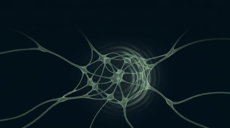 Emotional resilience, rendered as a network absorbing a shock ripple and recovering in sage on navy.