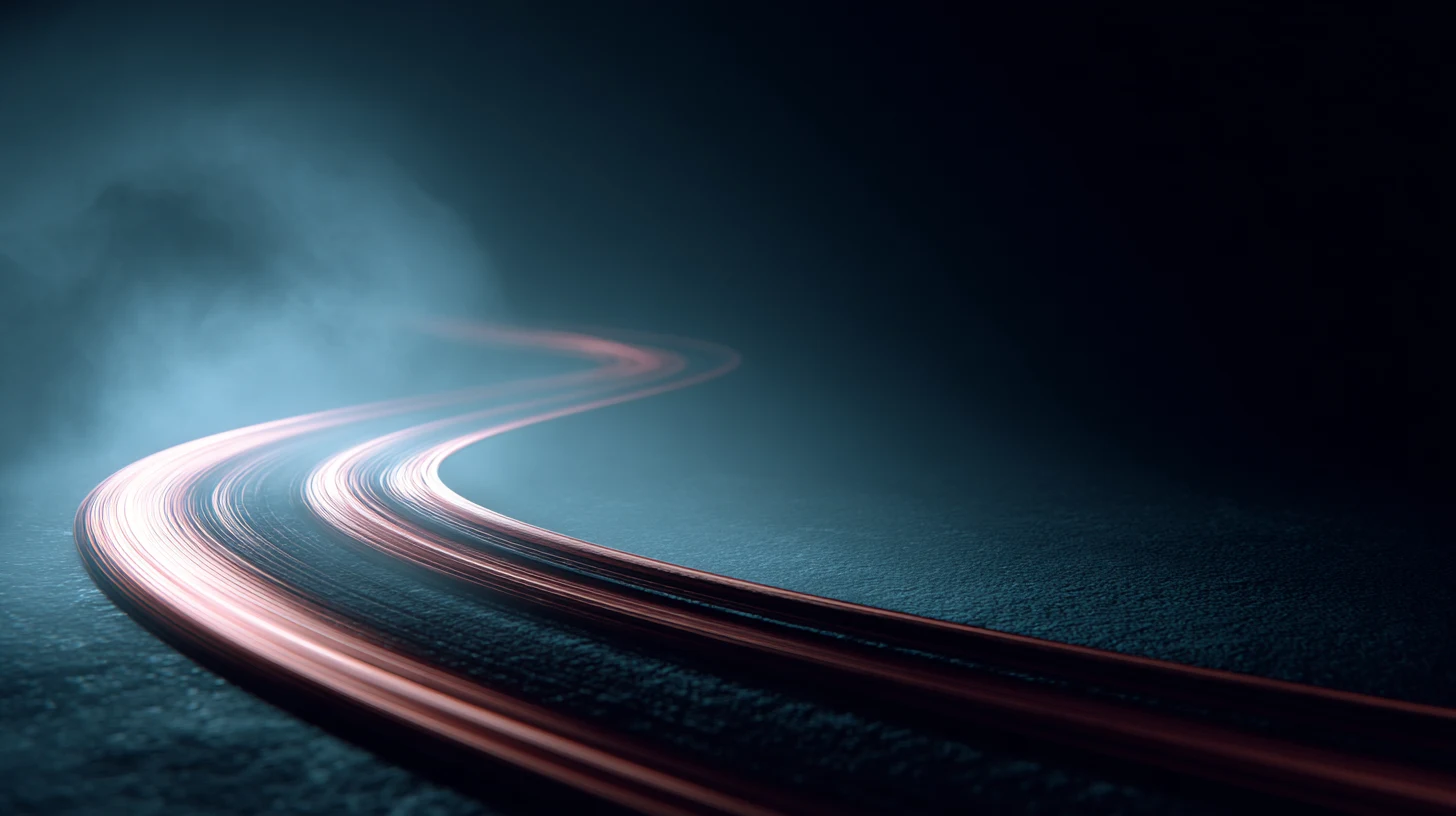 Copper light pathway on deep navy curving away and dimming into cold mist, the slow depletion of endurance without recovery