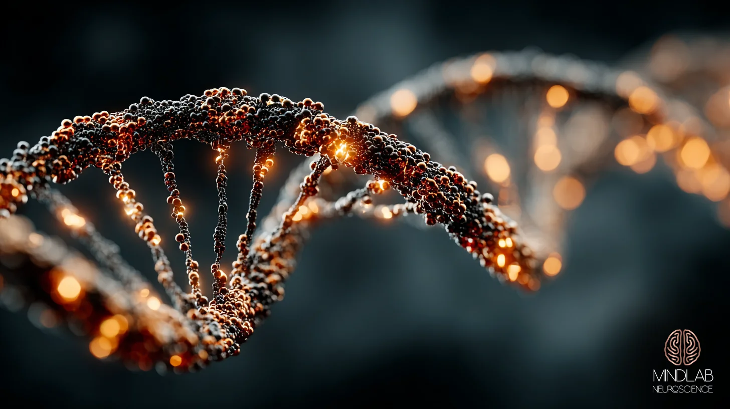 Copper neural network over deep navy depicting DNA methylation on NR3C1 and FKBP5 carrying family trauma across generations
