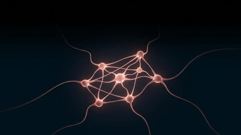 Family dynamics, rendered as a balanced neural constellation in warm rose on navy.