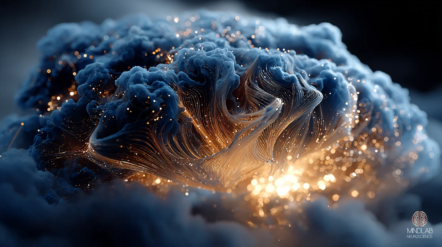 Dorsal striatum render in copper-on-navy, luminous filament detail conveying circuit-level automaticity – Dr. Sydney Ceruto, MindLAB Neuroscience.