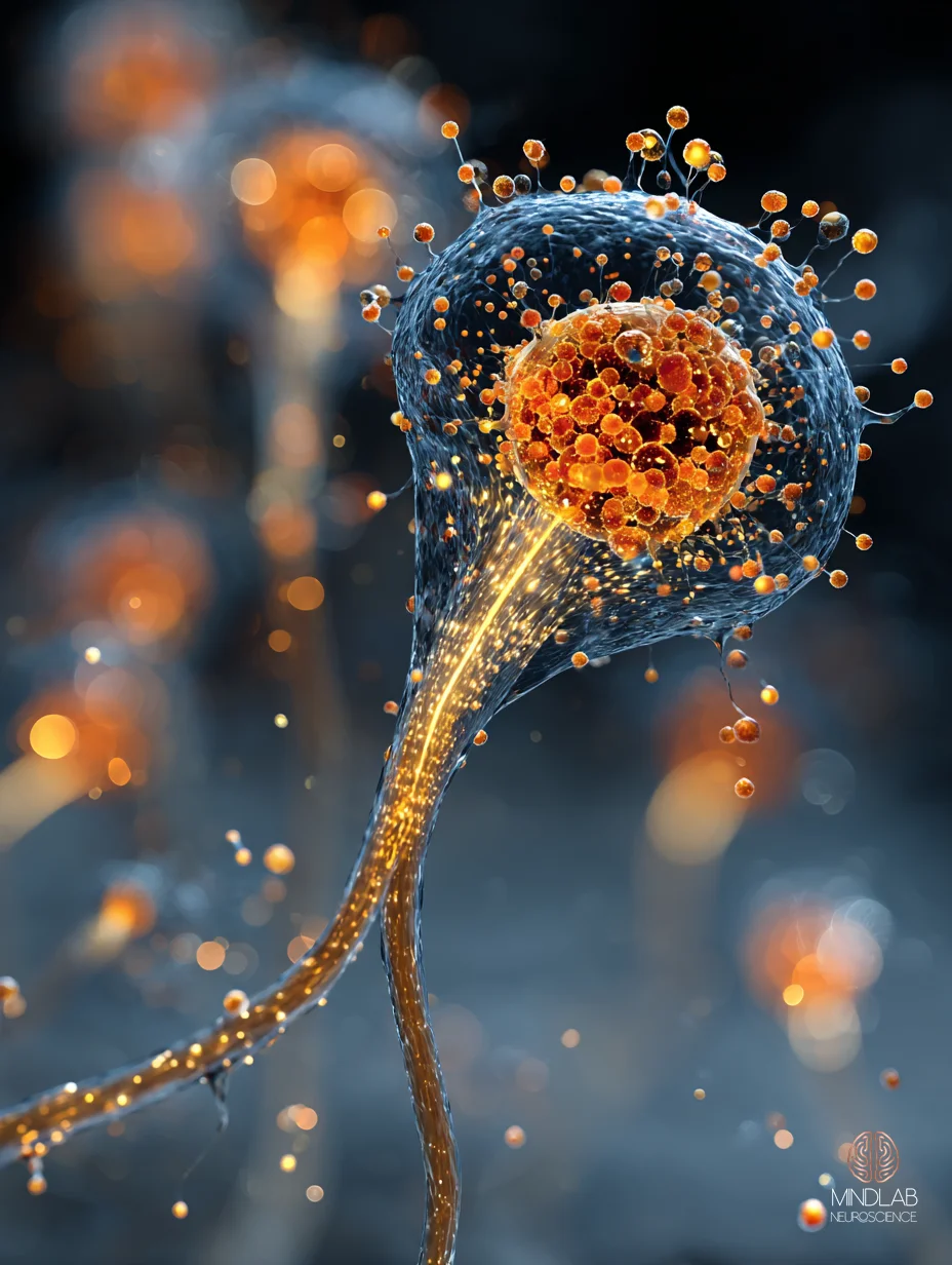 Dorsal striatum circuit rendered in copper on deep navy, dense filament detail conveying habit automaticity. Dr. Sydney Ceruto, MindLAB Neuroscience.