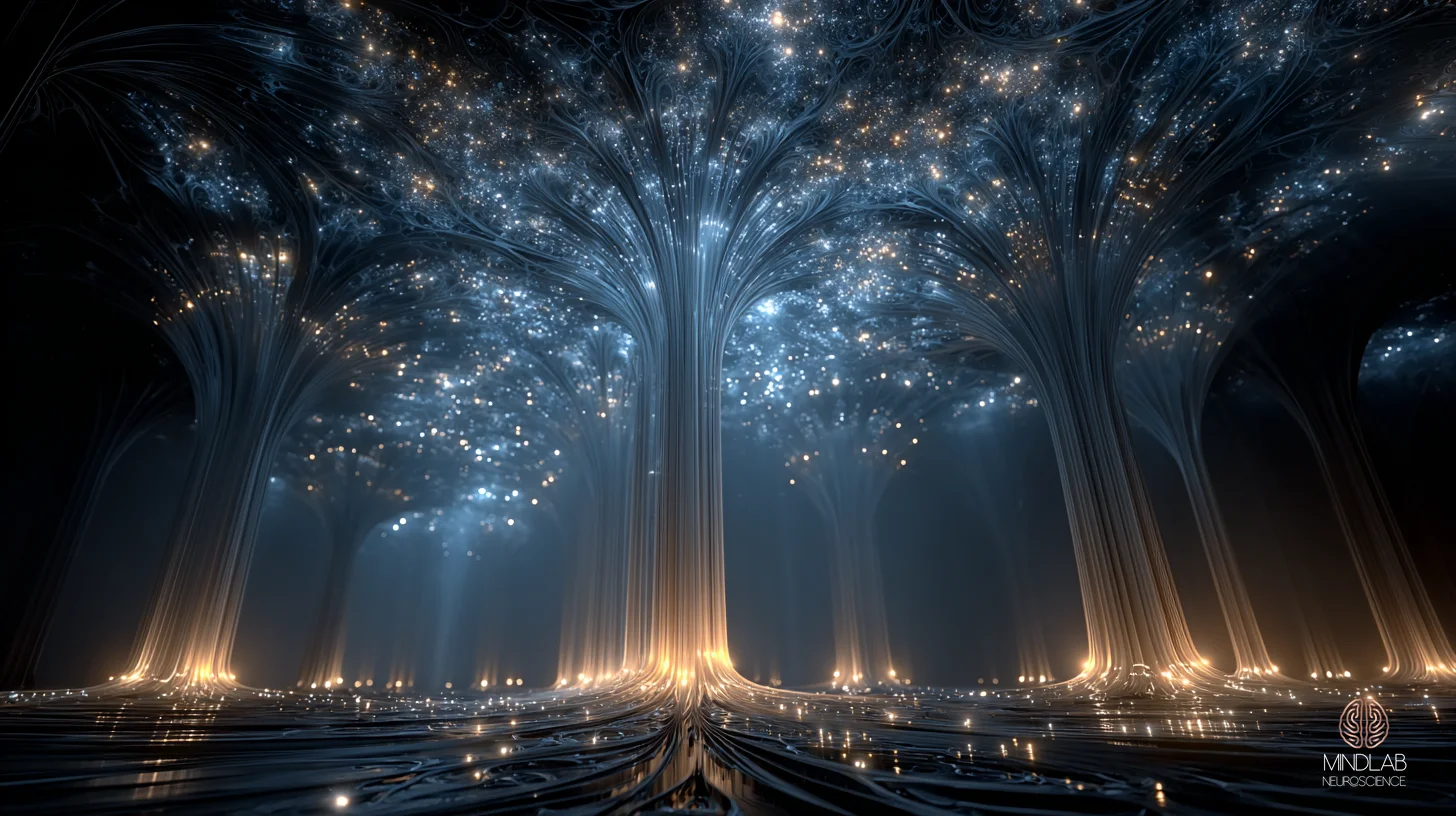 Atmospheric render of cortical fibers descending into the striatum, the corticostriatal handoff site – Dr. Sydney Ceruto, MindLAB Neuroscience.