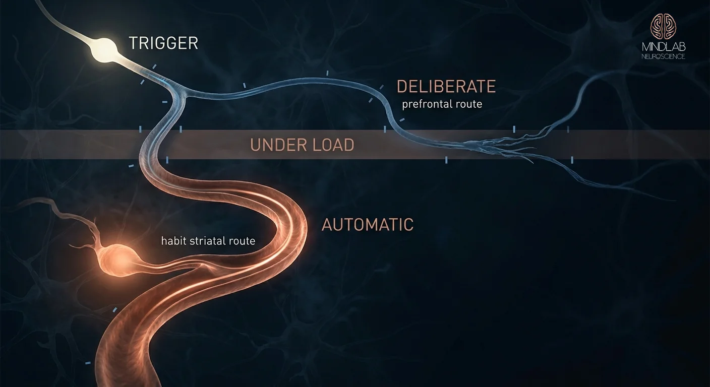 Diagram of a trigger forking into a fast automatic habit pathway and a slower deliberate one that fades under stress.
