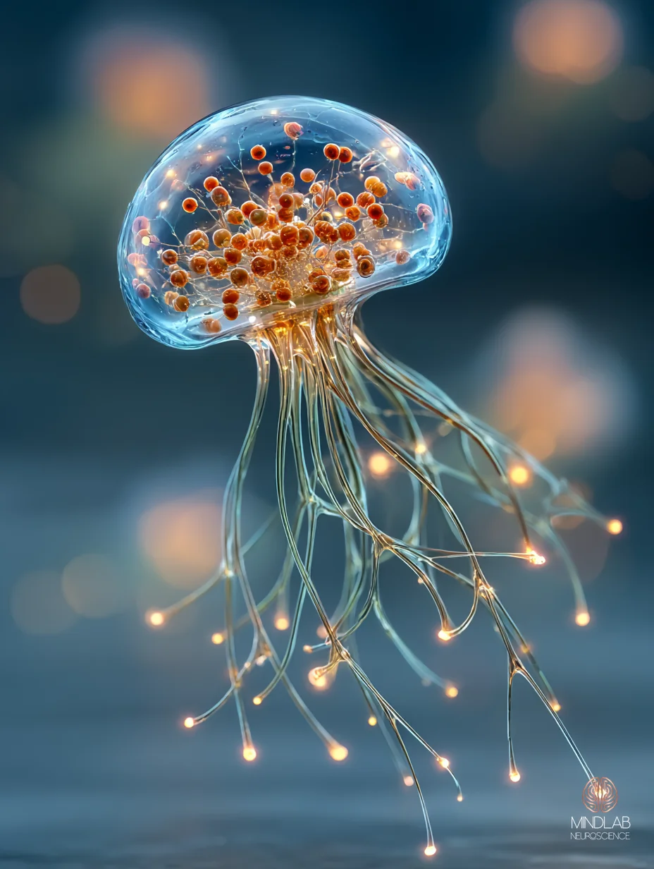 Close-up scientific rendering of a single SCN neuron with its luminous projection bundle – Dr. Sydney Ceruto, MindLAB Neuroscience.