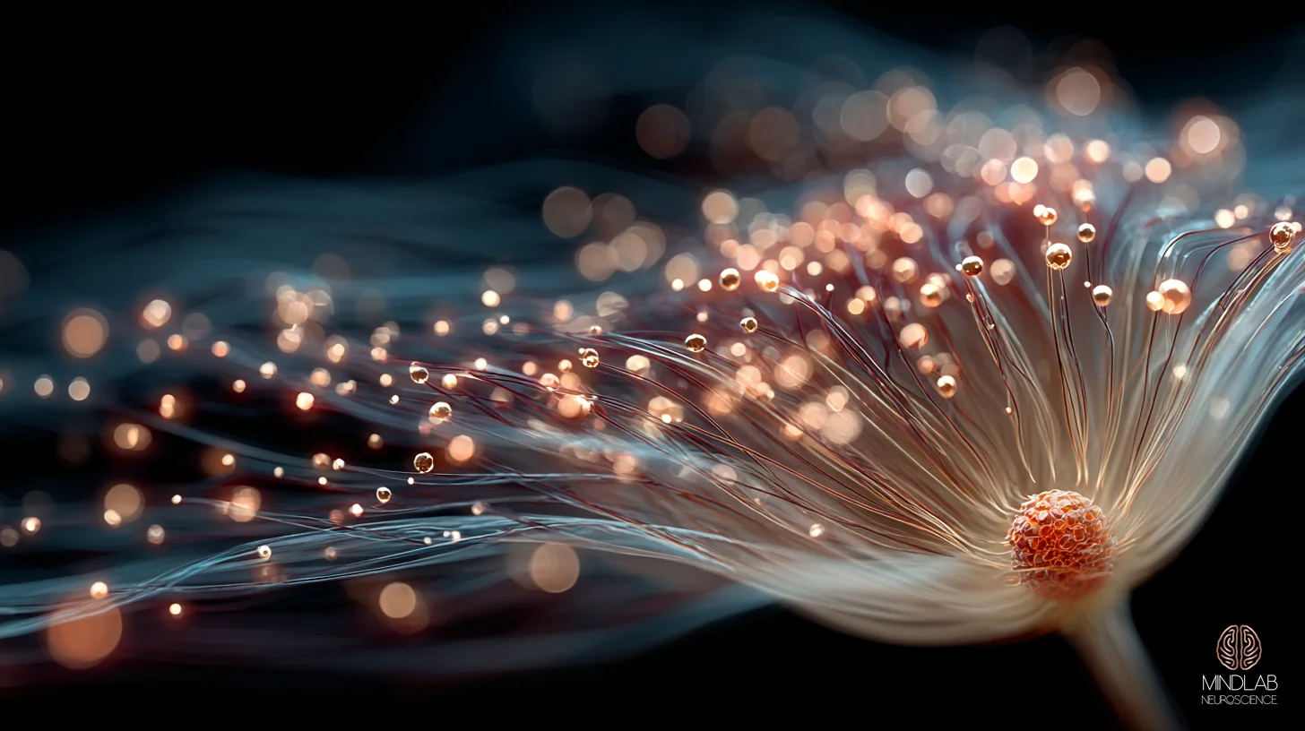 Copper neural pathways over navy depicting the locus coeruleus norepinephrine system tuning sustained attention.