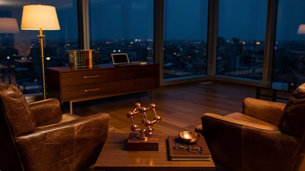 Private study with rosewood desk, leather journal, and neuroscience anchor — Dr. Sydney Ceruto, MindLAB Neuroscience.