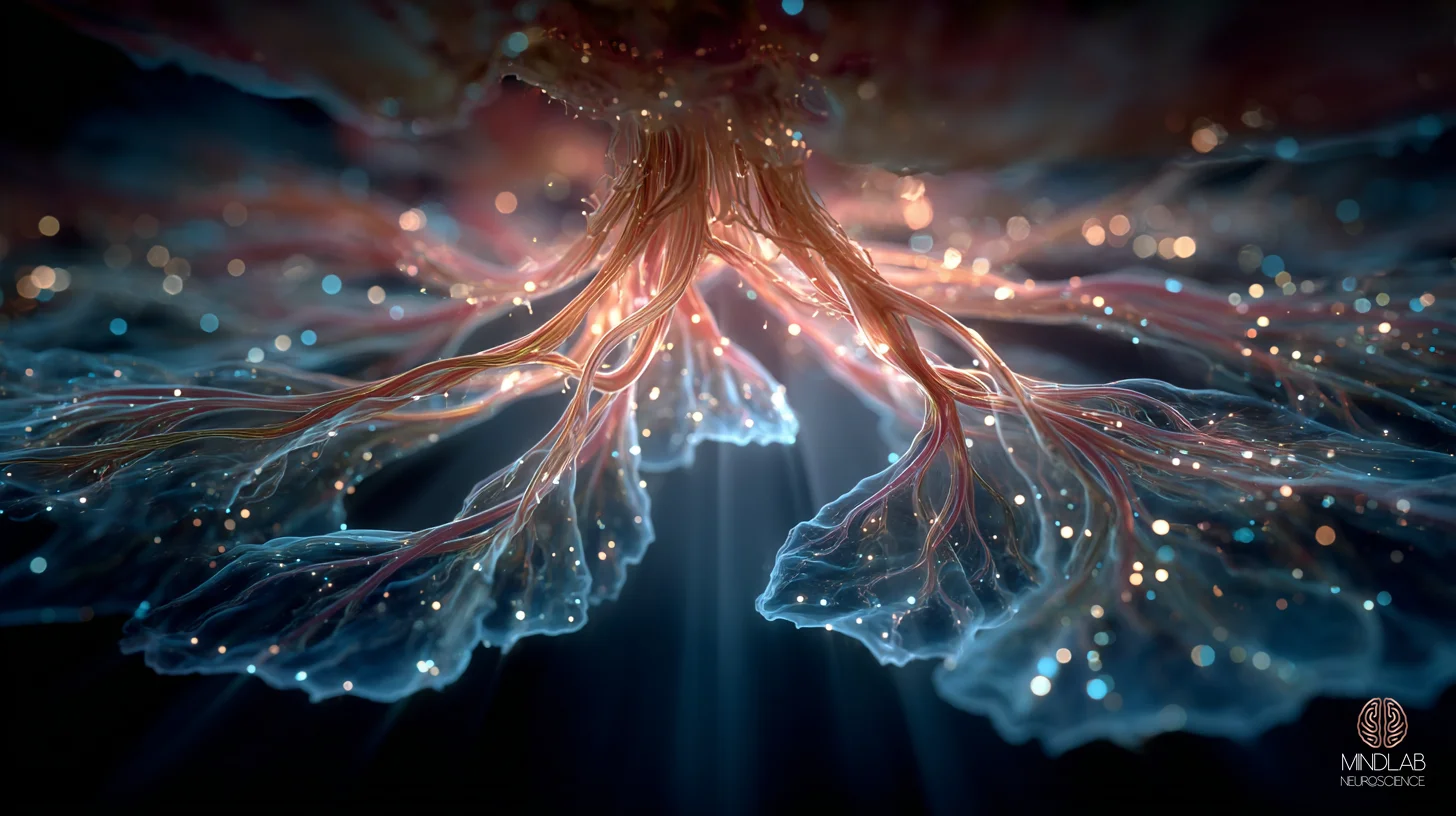 Deep-navy anatomical render of the prefrontal-amygdala-brainstem axis with copper filaments tracing inherited threat-detection pathways – Dr. Sydney Ceruto, MindLAB Neuroscience.
