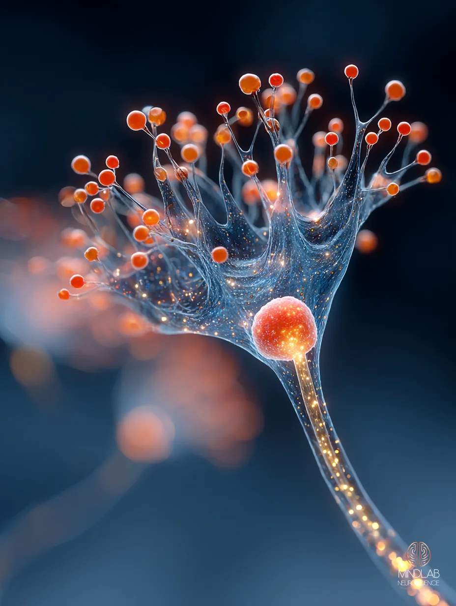 Portrait close-up of a single amygdala synapse with copper-lit dendritic spines mid-remodeling – Dr. Sydney Ceruto, MindLAB Neuroscience.