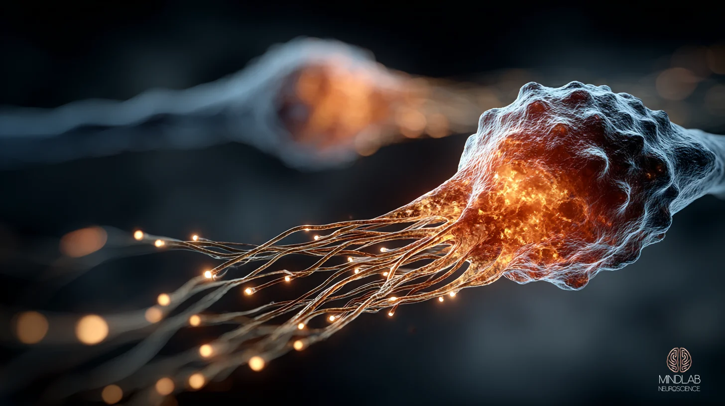 Macro neural visualization of the recalibrated prefrontal-amygdala coupling, showing the prefrontal cortex and amygdala as two distinct structures whose functional connectivity arcs converge across the cortical-subcortical gap at a luminous contact zone. The reconfigured connection weights are rendered as warm copper-light filaments thickening into the meeting point, while thinner residual pathways recede into the navy depth, a depiction of how repeated live-moment intervention shifts amygdala-PFC coupling toward earlier, stronger top-down regulation. – Dr. Sydney Ceruto, MindLAB Neuroscience.