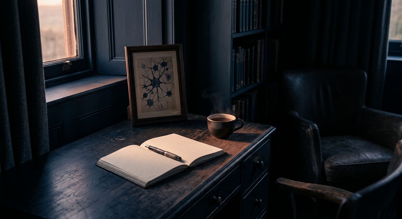 Quiet study desk in warm low light with an open notebook, the gap between understanding self-sabotage and rewiring it.