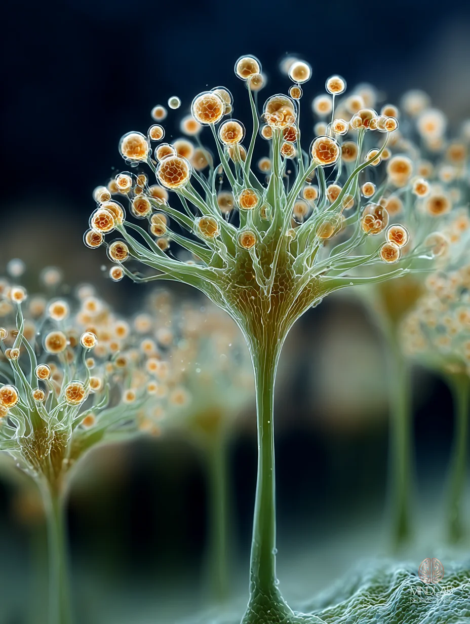 Extreme close-up of anterior insula neurons converting visceral signal into conscious feeling, luminous copper detail on a deep navy field. By Dr. Sydney Ceruto, MindLAB Neuroscience.