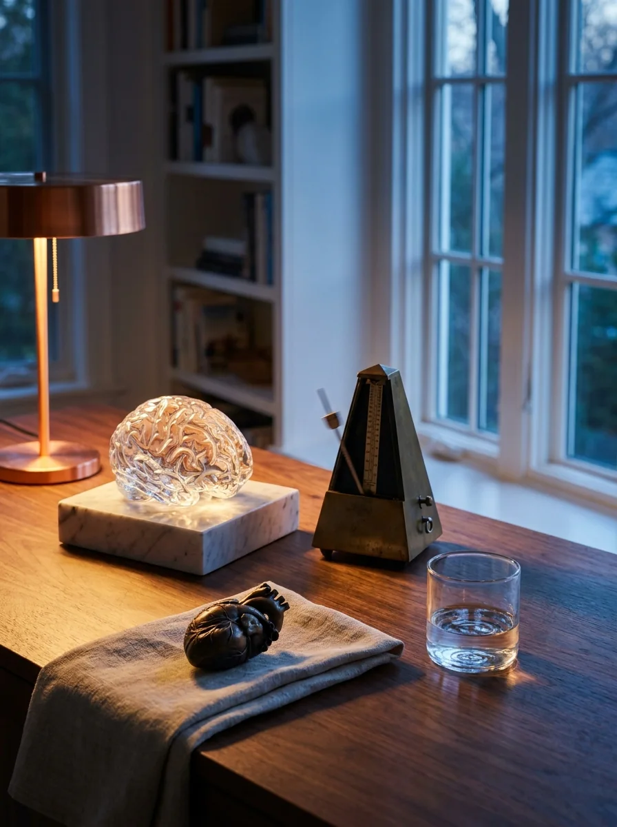 Editorial still life with a glowing crystal brain, a brass metronome, and an anatomical heart, evoking attention turned inward.
