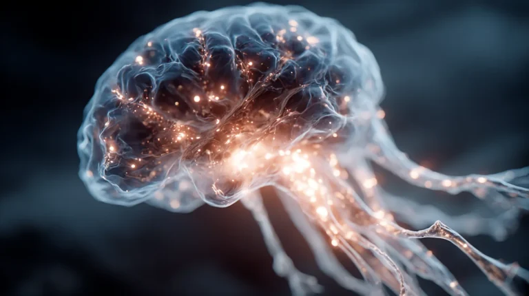 Translucent brain on deep navy, copper signal points glowing at the insula as body signals rise into a felt sense of self.