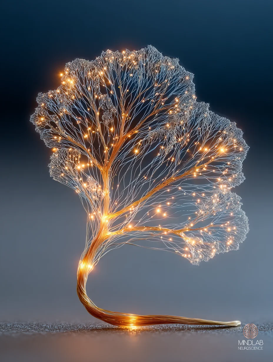 A scientific close-up of a Purkinje cell with a climbing fiber input, atmospheric microscopy framing – Dr. Sydney Ceruto, MindLAB Neuroscience.