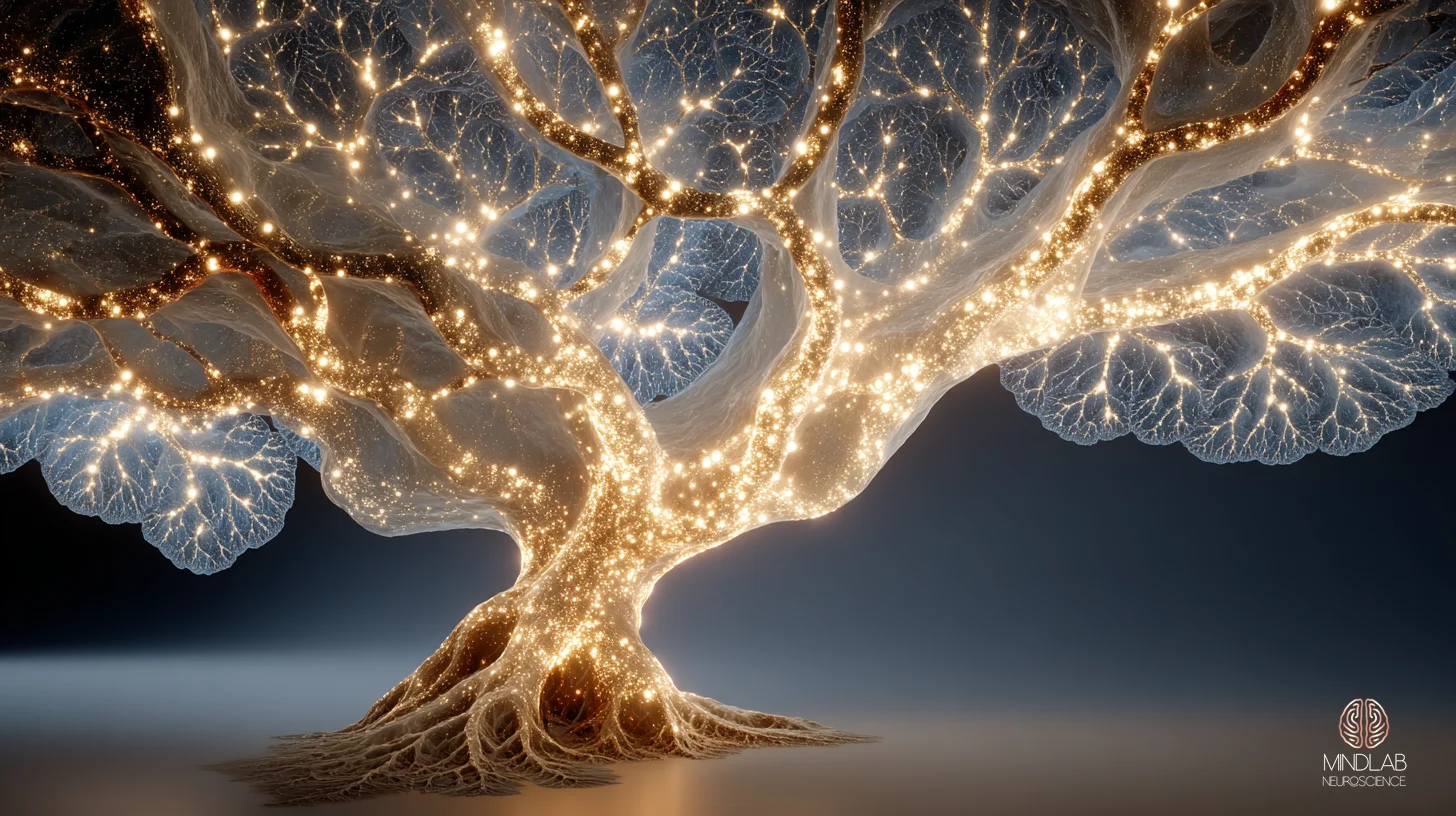Macro visualization of the basal forebrain cholinergic projection field, with acetylcholine pathways fanning upward from a deep nucleus and branching across the cortical mantle in burnished gold filaments. This is the neuromodulatory plume that opens the post-error plasticity window, releasing acetylcholine across wide cortical territory so that error-related negativity in the anterior cingulate can rewire professional skill circuits. – Dr. Sydney Ceruto, MindLAB Neuroscience.