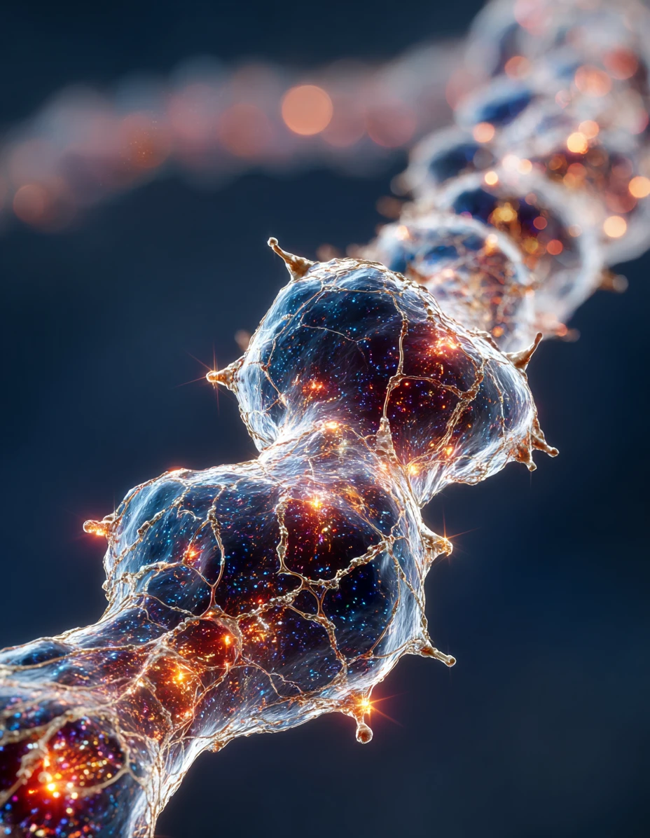 Myelinated axon close-up, copper sheath segments and blue signal at the nodes, the white-matter work of a learning plateau.